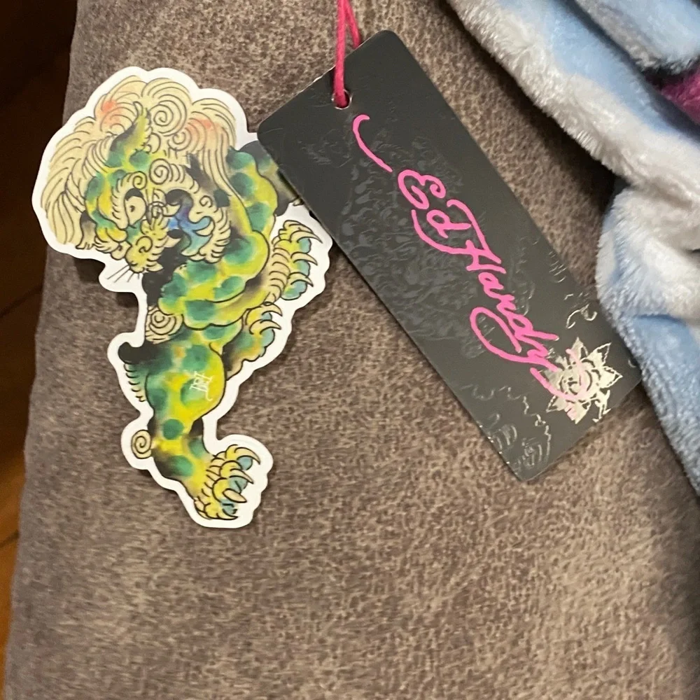 Ed Hardy Light Blue & White Striped Floral Tiger Plush Throw